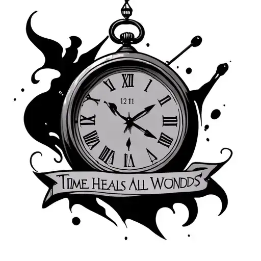 tattoo of a clock with the time set at 12:21 and says time heals all wounds tattoo design idea