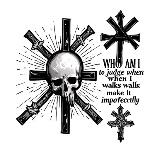Create an image of a tattoo that says who am I to judge when I myself walks imperfectly and make it with crosses andhand tattoo design idea