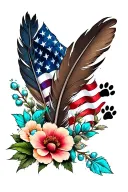 feathers with 2 small dog paw prints incorporated, american flag, turquoise western jewlery and flowers tattoo design idea