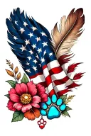 feathers with 2 small dog paw prints incorporated, american flag, turquoise western jewlery and flowers tattoo design idea