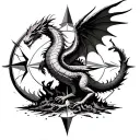 dragon wrapped tightly around phoenix rising from ashes with broken compass in background  tattoo design idea