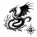 dragon wrapped tightly around phoenix rising from ashes with broken compass in background  tattoo design idea