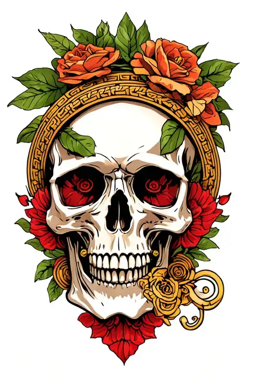 neo trad skull tattoo with Greek style tattoo design idea