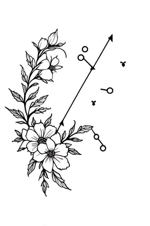 A minimalist tattoo of an Aries constellation surrounded by blooming flowers, representing strength and growth tattoo design idea
