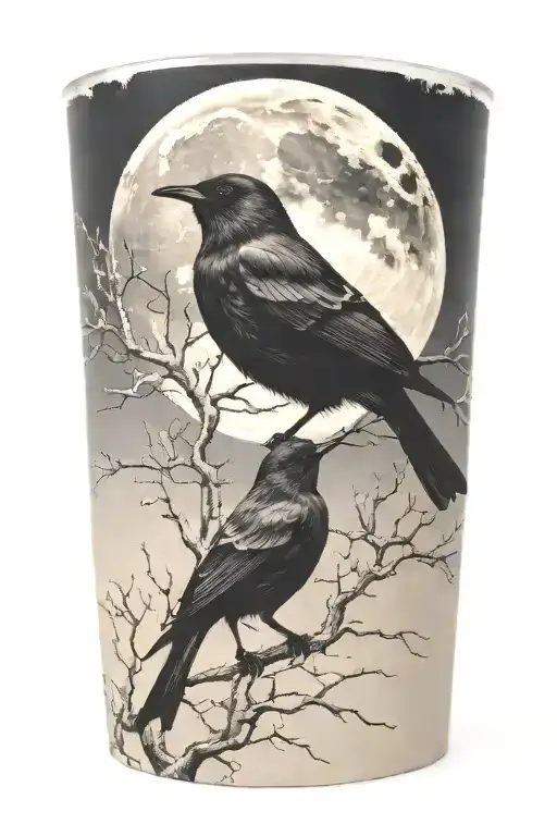 realistic moon, tree branches, one blackbird, urban tattoo design idea