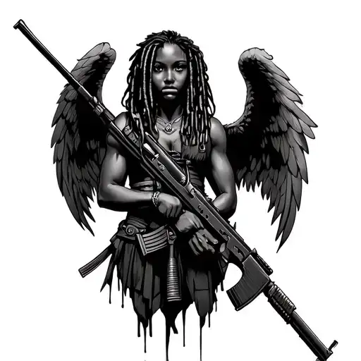 black angel with dreads holding rifle tattoo design idea