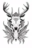 Viking protection rune -Elk skull and antlers-raven feathers -the name Ragnarok-realism tattoo -upper arm tattoo design idea