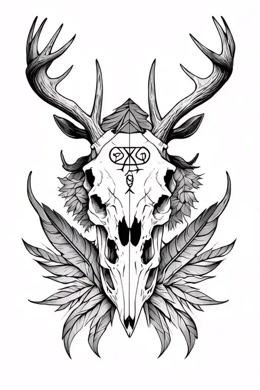 Viking protection rune -Elk skull and antlers-raven feathers -the name Ragnarok-realism tattoo -upper arm tattoo design idea