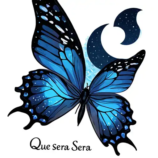 Butterfly with quarter moon on top and que sera sera word tattoo design idea