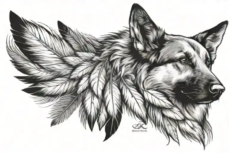 german shepherd head in big feather, birds flying away out of feather tattoo design idea