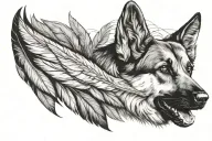 german shepherd head in big feather, birds flying away out of feather tattoo design idea