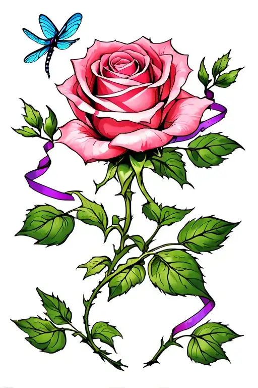 Pink rose starting to open up with 1 stems with 2 leaves coming off of them , a blue dragon fly, and a purple ribbon  tattoo design idea