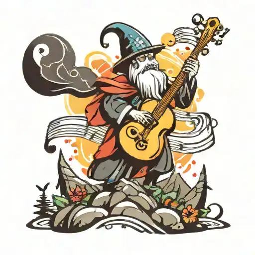 a musical wizard standing on a mountain Hill top with musical notes flying around  tattoo design idea