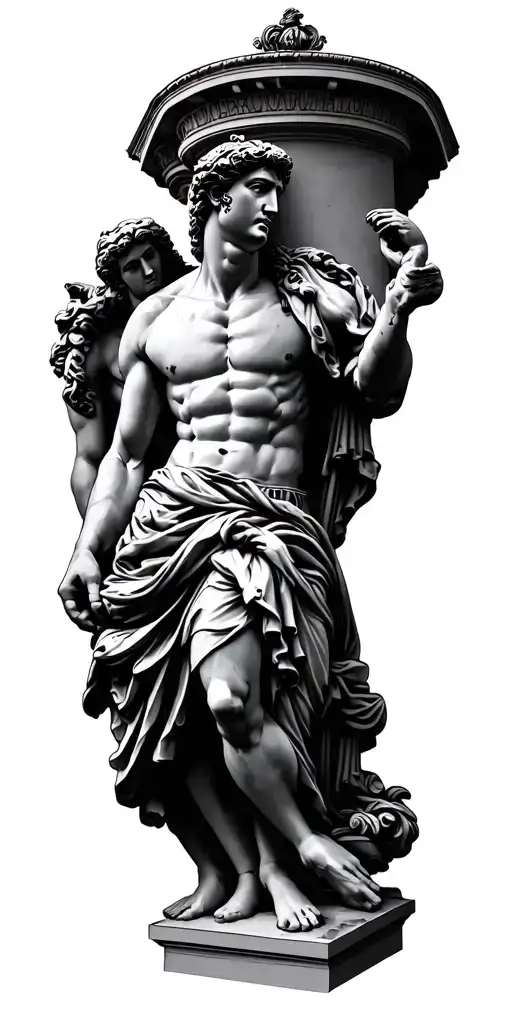 Antique statues, beautifully falling light, columns and inscriptions on Greek. Statues of Athens, Ares, Zeus tattoo design idea