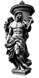 Antique statues, beautifully falling light, columns and inscriptions on Greek. Statues of Athens, Ares, Zeus tattoo design idea