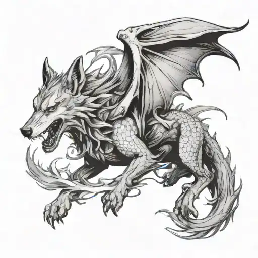 flying dragon and menacing wolf and charging buck  tattoo design idea