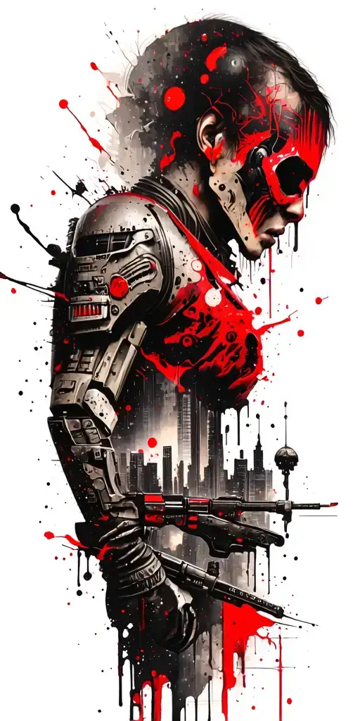 cyberpunk city with warhammer 40k universe tattoo design idea