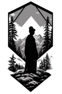 geometric syle, diamond shape with nature lanscape in it and a silhouette of a sentire person looking at the mountains  tattoo design idea