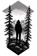 geometric syle, diamond shape with nature lanscape in it and a silhouette of a sentire person looking at the mountains  tattoo design idea