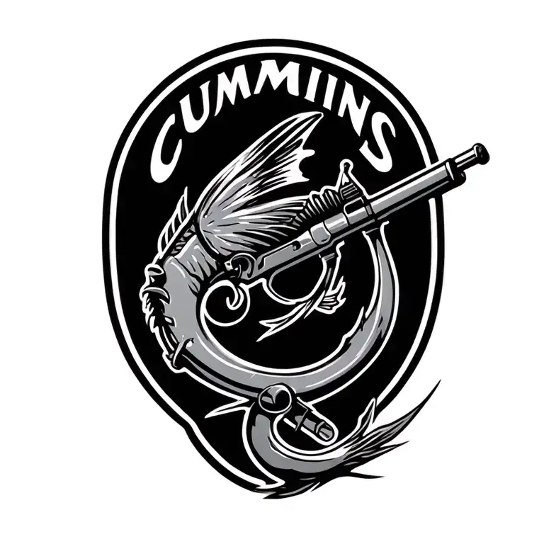 fishing hook, cummins logo, hunting rifle leaning tattoo design idea