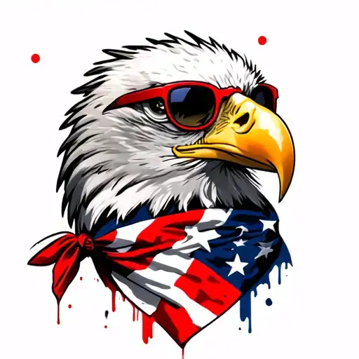 Bald Eagle wearing an American Flag bandana and red framed sunglasses with dark lenses. tattoo design idea