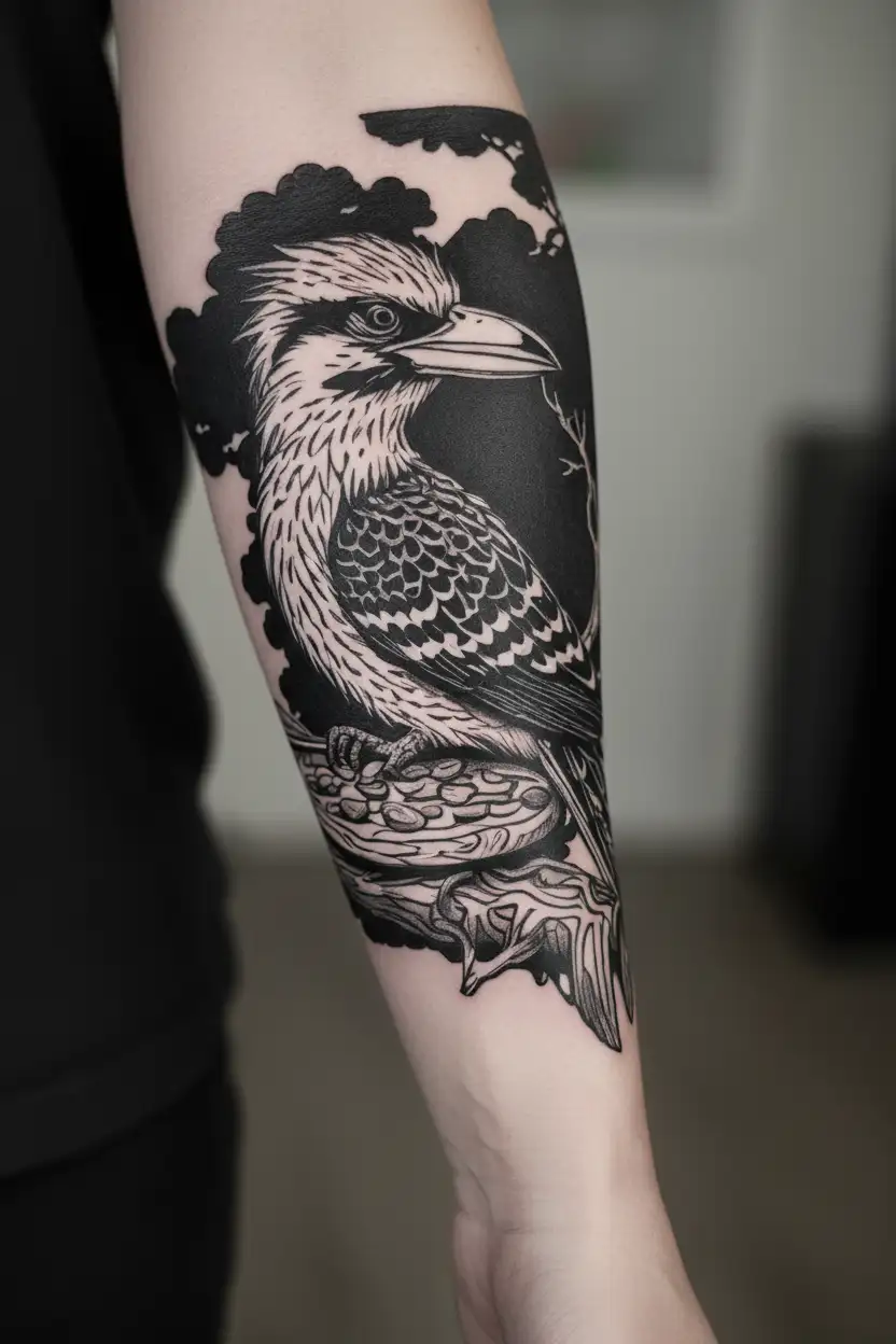 Cartoony Kookaburra eating a pizza on a branch tattoo design idea