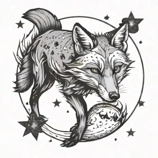 fox eating supernova, stars around them three words tattoo design idea