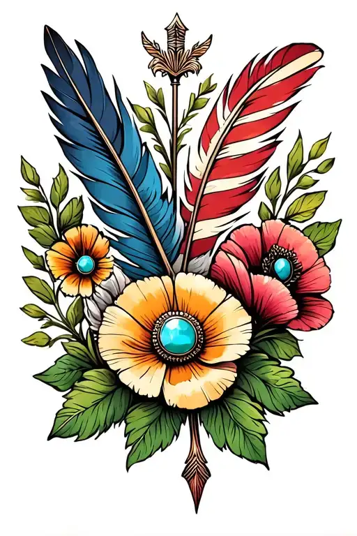 colorful feathers on top and bottom, american flag, poppy flowers, green leaves, western turquoise brooch,   with arrow  tattoo design idea