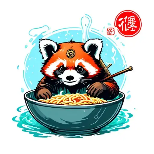 Red panda wearing a samurai armor taking a bath in a japanese ramen bowl tattoo design idea