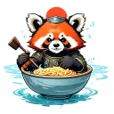 Red panda wearing a samurai armor taking a bath in a japanese ramen bowl tattoo design idea