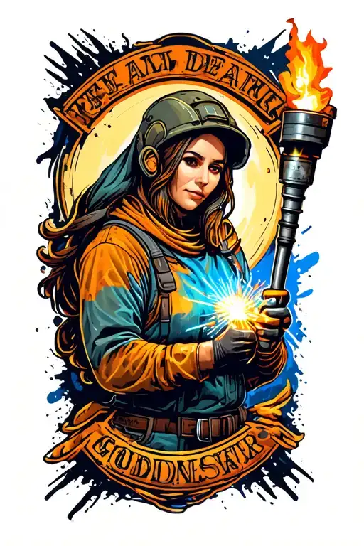 welding goddess holding tig torch in hand. realistic tattoo design idea