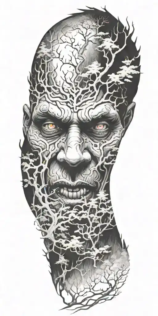 foggy forest with a demon hiding facial features tattoo design idea