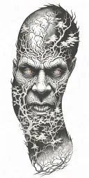 foggy forest with a demon hiding facial features tattoo design idea