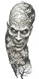 foggy forest with a demon hiding facial features tattoo design idea