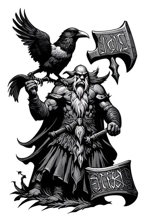 Odin in runes with a crow and thors hammer tattoo design idea