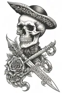 gothic inspired American traditional style skull with a dagger piercing through the top through the bottom, front profil tattoo design idea