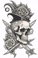 gothic inspired American traditional style skull with a dagger piercing through the top through the bottom, front profil tattoo design idea
