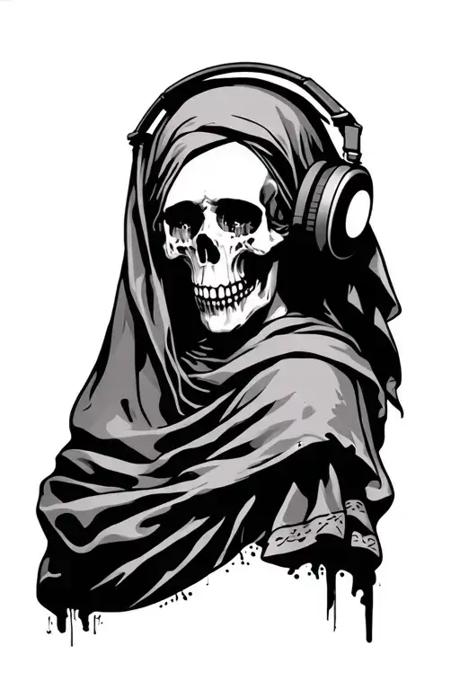 our lady of sorrows crying with half face skull wearing headphones tattoo design idea