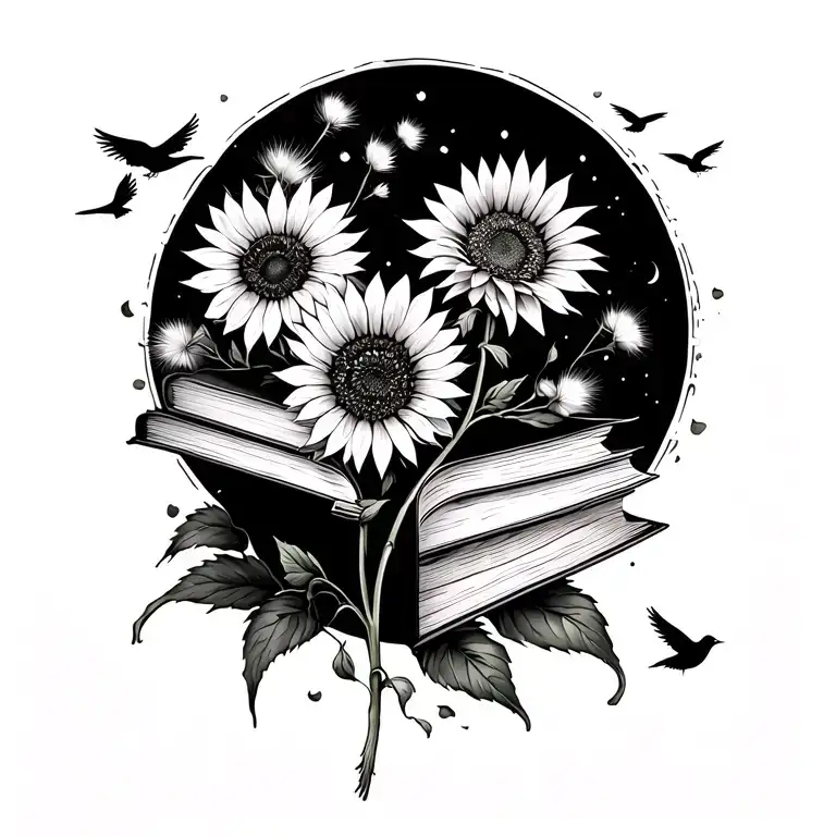 books, sunflowers, dandelion and birds flying away tattoo design idea