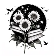 books, sunflowers, dandelion and birds flying away tattoo design idea