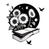 books, sunflowers, dandelion and birds flying away tattoo design idea