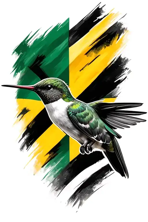 hummingbird in front of a flag half united states of america flag and half Jamaican flag. tattoo design idea