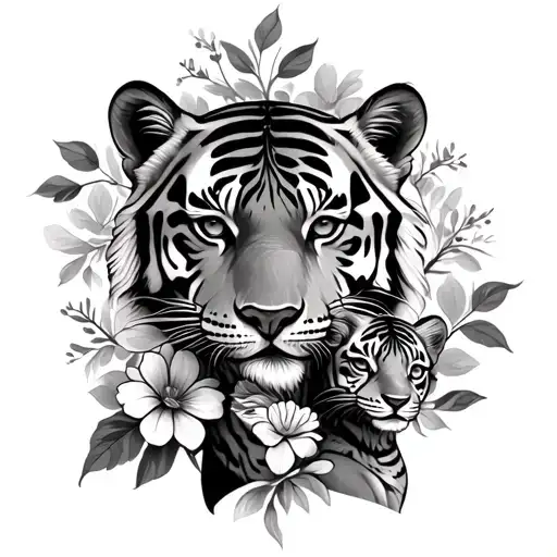 mother tiger with two pups and flowers intertwined tattoo design idea