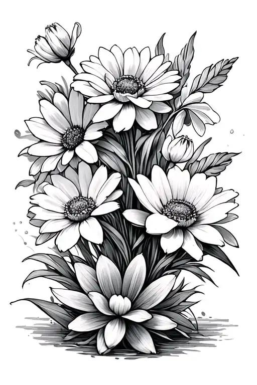 marigold, daisy, narcissus, poppy, snowdrop, water lily bouquet tattoo design idea