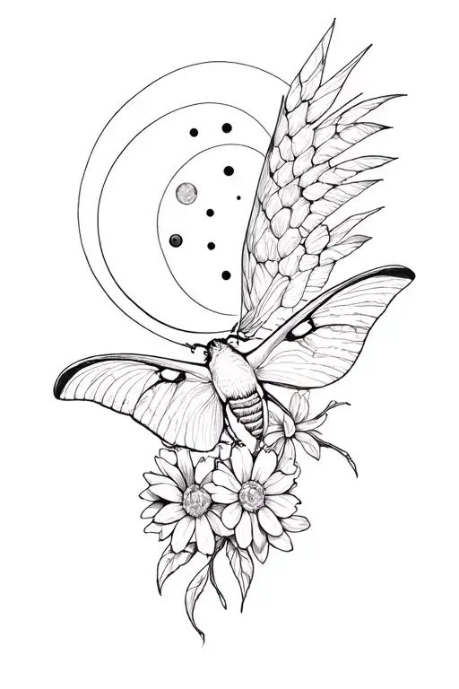 deaths head hawk moth flowers and moon phases intertwined tattoo design idea