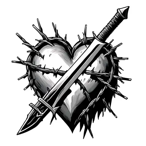 Post Malone's inspired barbed wire heart with a sword going through it, fine line simple tattoo design idea