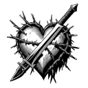Post Malone's inspired barbed wire heart with a sword going through it, fine line simple tattoo design idea