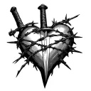 Post Malone's inspired barbed wire heart with a sword going through it, fine line simple tattoo design idea