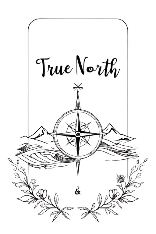 "True North " compass is main part with cross in the needle, mountains, wave and flowers tattoo design idea