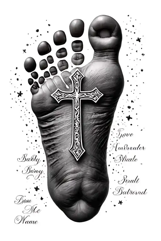 baby foot print with cross and name written tattoo design idea